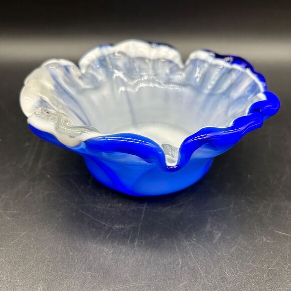 Vintage Cobalt Blue and White Slag Glass Ruffled Edge Bowl 6” - Picture 1 of 6